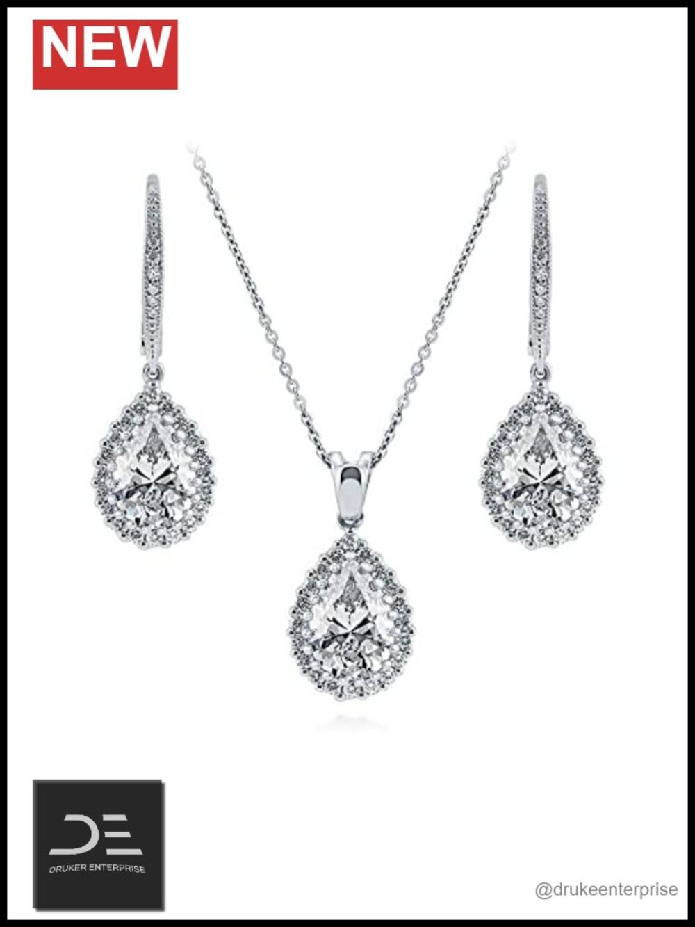 Sterling Silver Halo Pear Cut Cubic Zirconia Necklace Earrings Set